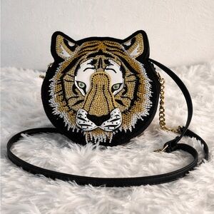 Embellished Tiger Face Black Crossbody Bag